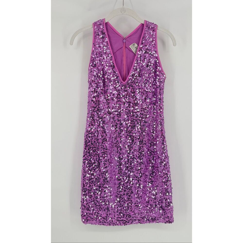 Vintage 90's Oleg Cassini Black Tie Allover Purple Sequin Silk Dress Party Small